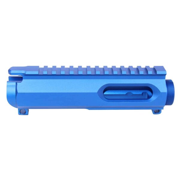 Vivid blue anodized AR-15 9mm stripped billet upper receiver.