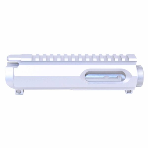 Sleek AR-15 9mm stripped billet upper receiver in clear anodized aluminum.